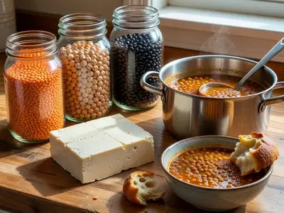 Glass jars of dried red lentils, chickpeas and black beans beside a block of tofu and a pot of lentil soup.