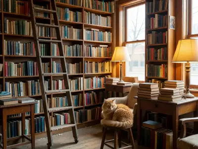 A cosy used bookstore with tall shelves and a ladder.