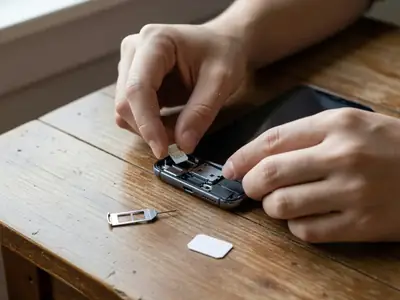 Close-up of hands inserting a tiny SIM card into the tray of a smartphone.