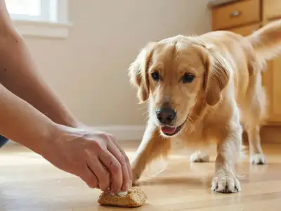 A hand pushing a pill into a soft treat for a golden retriever waiting eagerly.