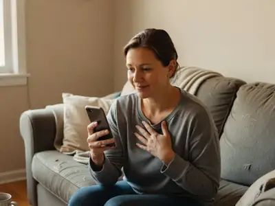 A woman in her forties sitting on her sofa looking at her phone with relief, one hand on her chest.