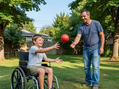A young boy in a wheelchair playing catch with his father in a backyard.