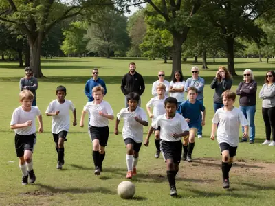 Kids in a youth soccer game running after the ball on a community field.