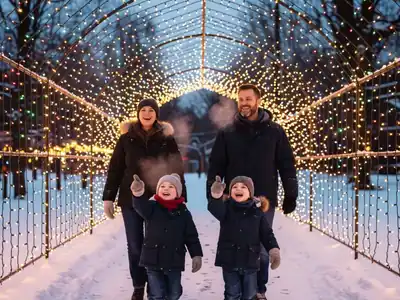A family with two children walking through a glowing tunnel of Christmas lights in a park at dusk.