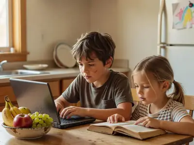 A boy of about ten doing homework on a small laptop at the kitchen table with his sister reading.