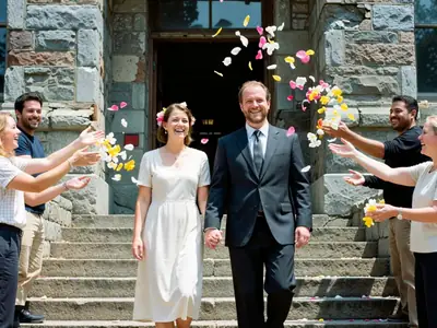 A couple in simple wedding clothes walking down the steps of an old stone city hall, holding hands and smiling.