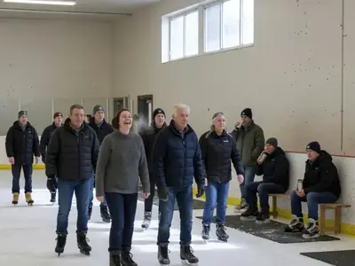 A group of adults of different ages in casual winter clothes skating laps during a public skate at an indoor community arena.