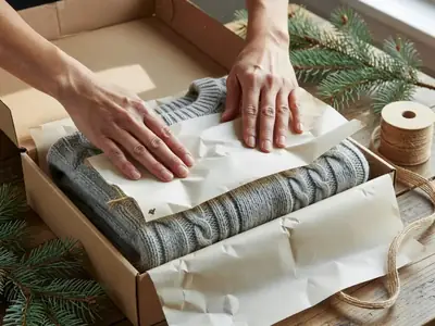 Hands wrapping a folded knit sweater in plain tissue paper inside a gift box.