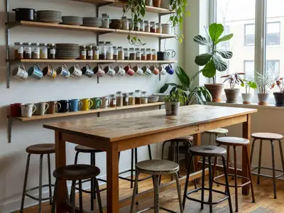 A shared co-living kitchen with a long communal table, open shelving and several bar stools.