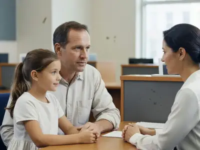 A father and his daughter sitting at a bank desk across from an adviser.