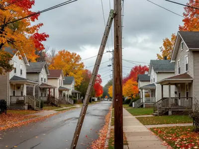 A cable technician's ladder leaning against a utility pole in a quiet residential street.