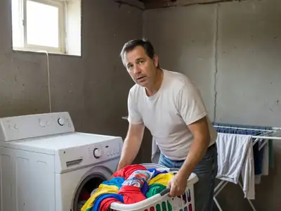 A man loading colourful clothes from a laundry basket into a front-load washing machine.