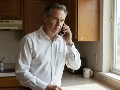 A man standing at his kitchen counter taking a phone call calmly, a pen and blank notepad ready.