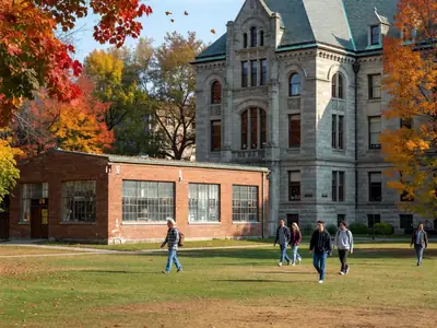 A college trades workshop next to a university lecture hall, seen across a campus lawn.