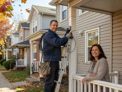 A technician on a ladder connecting a fibre internet line to the side of a house while the homeowner watches from the porch.
