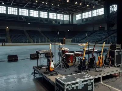 An empty concert stage with instruments set up under dim lights and an empty arena floor.