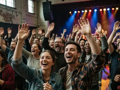 A crowd of fans with raised hands at an indoor concert, stage lights glowing ahead.