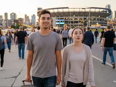A young couple with a small suitcase walking toward a stadium at dusk.