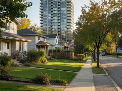 A condo tower beside a row of detached freehold houses with front yards.