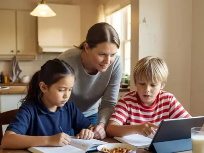 A mother and her two school-age children doing homework together at a kitchen table with a tablet.