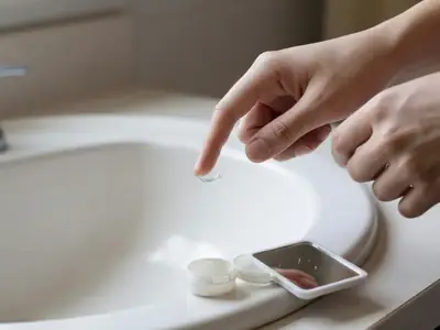Fingers holding a contact lens on a fingertip above a bathroom sink.