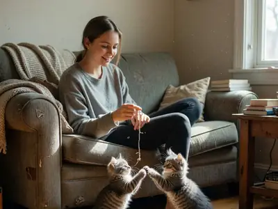 A young woman on her sofa with a playful grey kitten chasing a string.