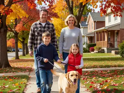 A family walking a Labrador retriever on a leash along a leafy suburban sidewalk.