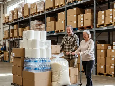 A couple pushing an oversized flatbed cart loaded with bulk paper towels, a case of water and a big bag of rice through a warehouse club.
