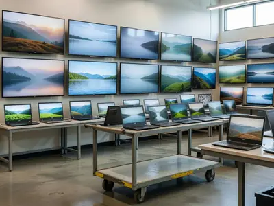 A warehouse store electronics section with TVs on a wall and laptops on tables, screens showing soft landscapes.