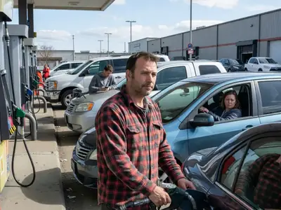 A man filling his car at a busy warehouse-club gas station.
