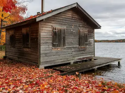 A wooden lakeside cottage with a woodstove chimney and a dock, closed up for the season.