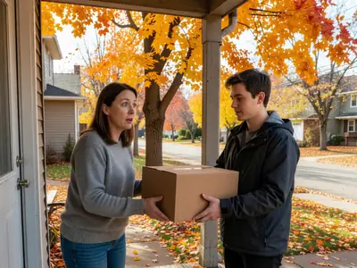 A woman at her front door being handed a parcel by a courier, looking surprised.