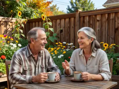 A couple in their early sixties having coffee together on a sunny back deck, talking about retirement plans.