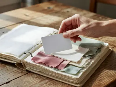 A hand holding a plain blank credit card above a wedding planning binder with fabric swatches.