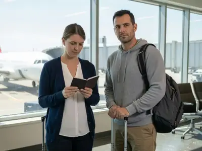 A couple at an airport gate waiting with carry-on bags, the woman checking her passport.