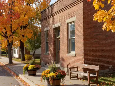 A small-town credit union branch in a brick heritage building on a main street.