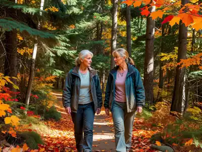 A woman in her forties walking on a forest trail with her sister, talking seriously.
