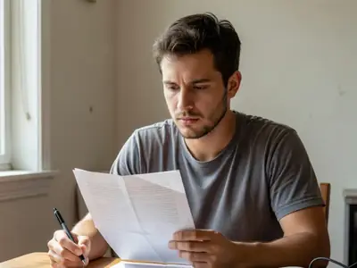 A young man reading the fine print on a plain folded paper at his apartment table, pen in hand.