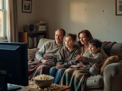 A family on a sofa watching a movie together with popcorn, lit by the screen glow.
