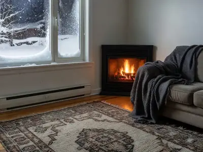 A cozy living room with a baseboard electric heater under a window and a natural gas fireplace glowing in the corner.