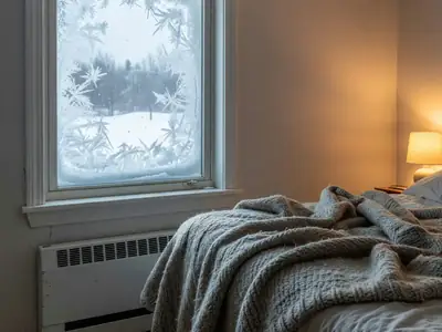 An electric baseboard heater under a window in a cosy bedroom, a wool blanket on the bed.