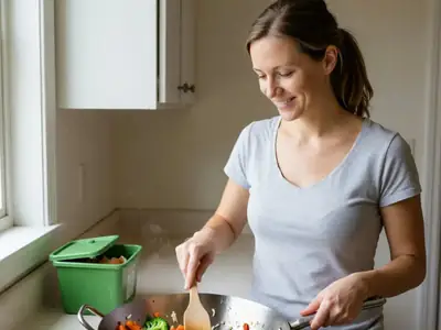 A woman turning wilting vegetables and leftover rice into a stir-fry in a big pan.