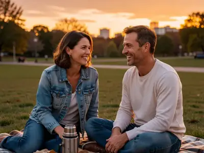 A couple sharing a picnic on a blanket in a city park at sunset.