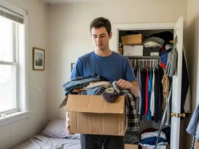 A young man standing in a small, cluttered bedroom holding a box of old clothes, deciding what to clear out.