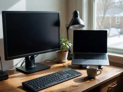 A home office desk with a monitor, a laptop on a stand, a keyboard and a desk lamp by a window.