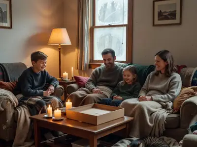 A family in sweaters relaxing in a dim living room by candlelight and a lamp on a cold evening.