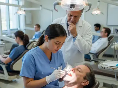 A dental student treating a patient under supervision of an instructor in a teaching clinic.
