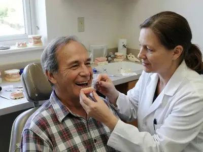 A smiling man in his seventies being fitted for dentures by a denturist.
