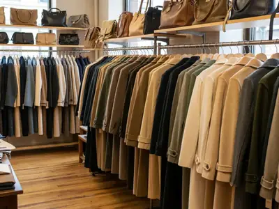 A curated consignment boutique with racks of quality coats and handbags on shelves.