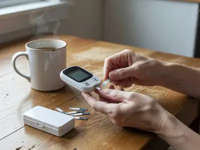 A woman's hands using a finger-prick glucose meter at a kitchen table.